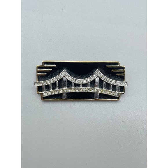Vintage Signed MONET Pin Brooch Art Deco Inspired Black Enamel Over Gold Tone - Picture 10 of 14